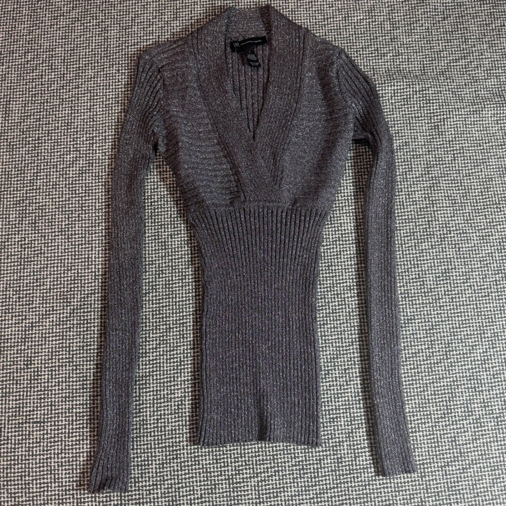 INC International Concepts Metallic Ribbed Surplice V-Neck Sweater Grey Small